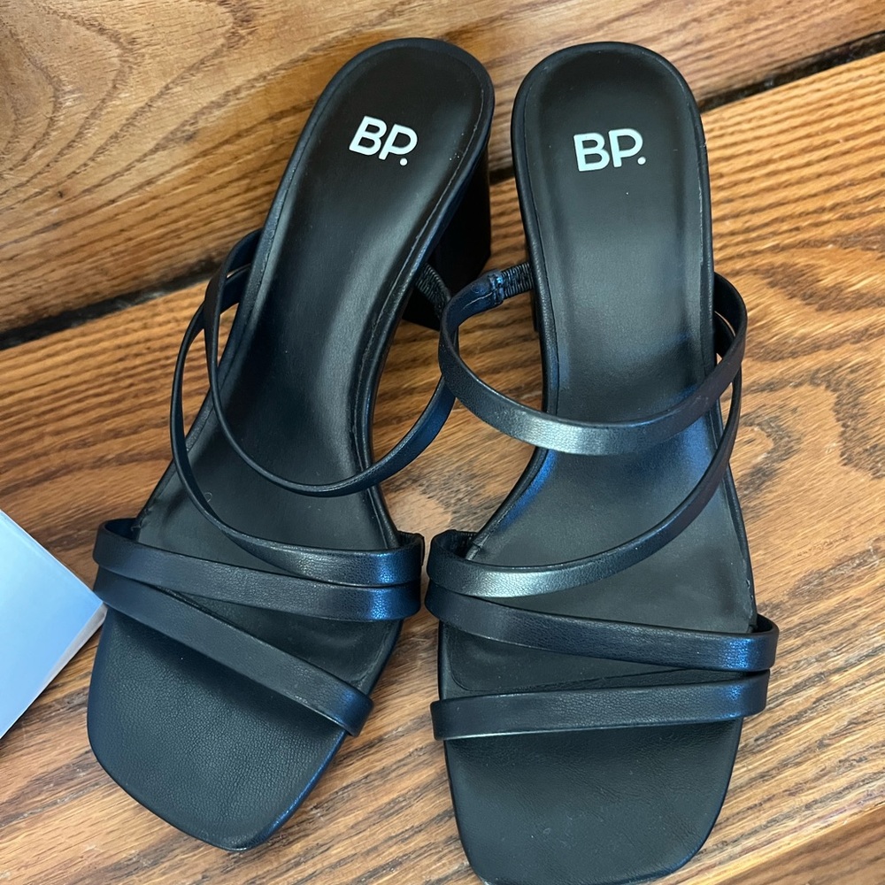 bp Women's Black Strappy Sandals size 7, black faux leather